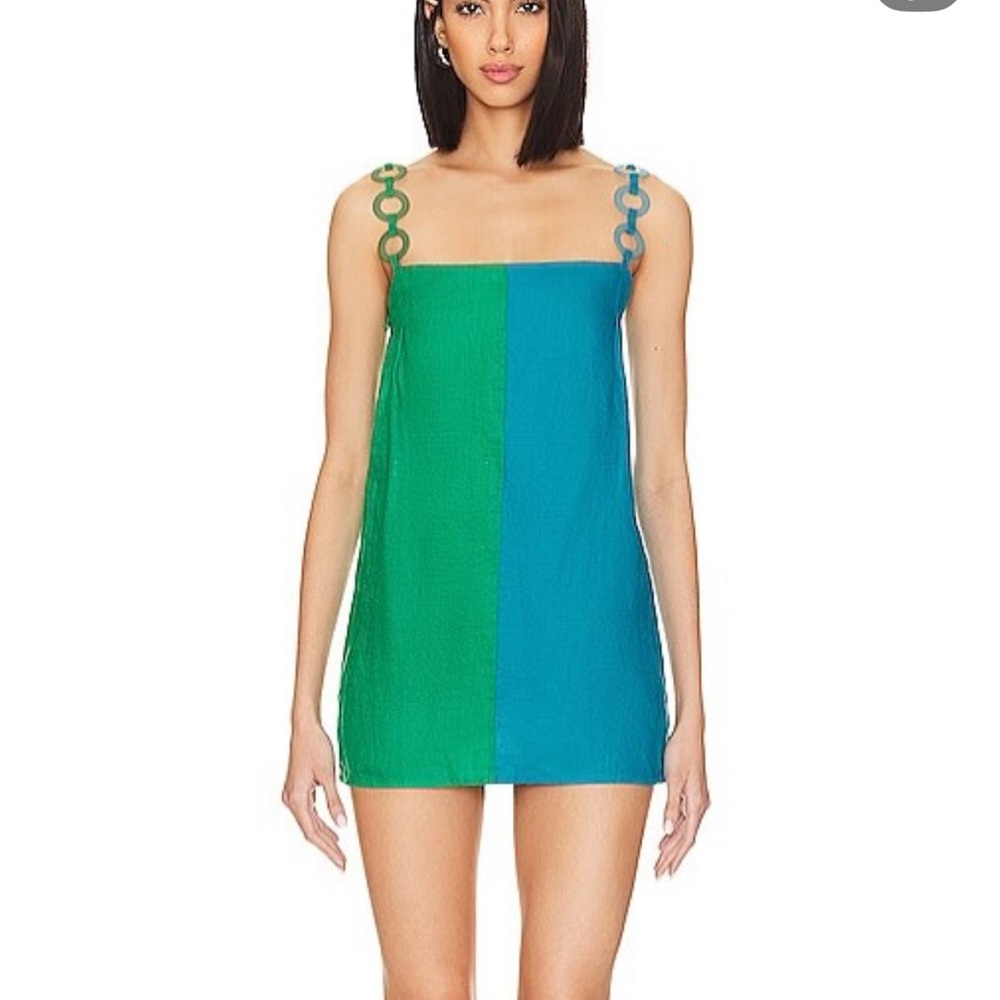 Colorblock Mini Dress with Chain-Link Straps - Green & Teal